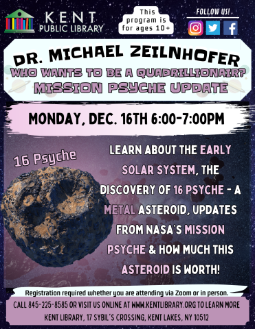 flyer with the event information and a photo of an asteroid 