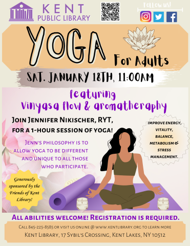 flyer with the event information. illustration is of a woman practicing yoga 