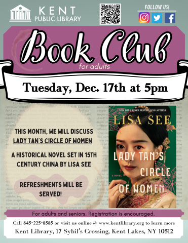 flyer with book club meeting information and a picture of the book's cover