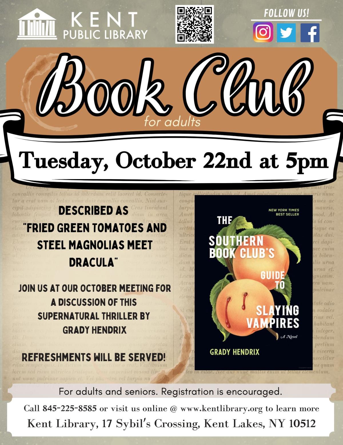 flyer advertising October book club meeting. Book selection is The Southern Book Club's Guide to Slaying Vampires