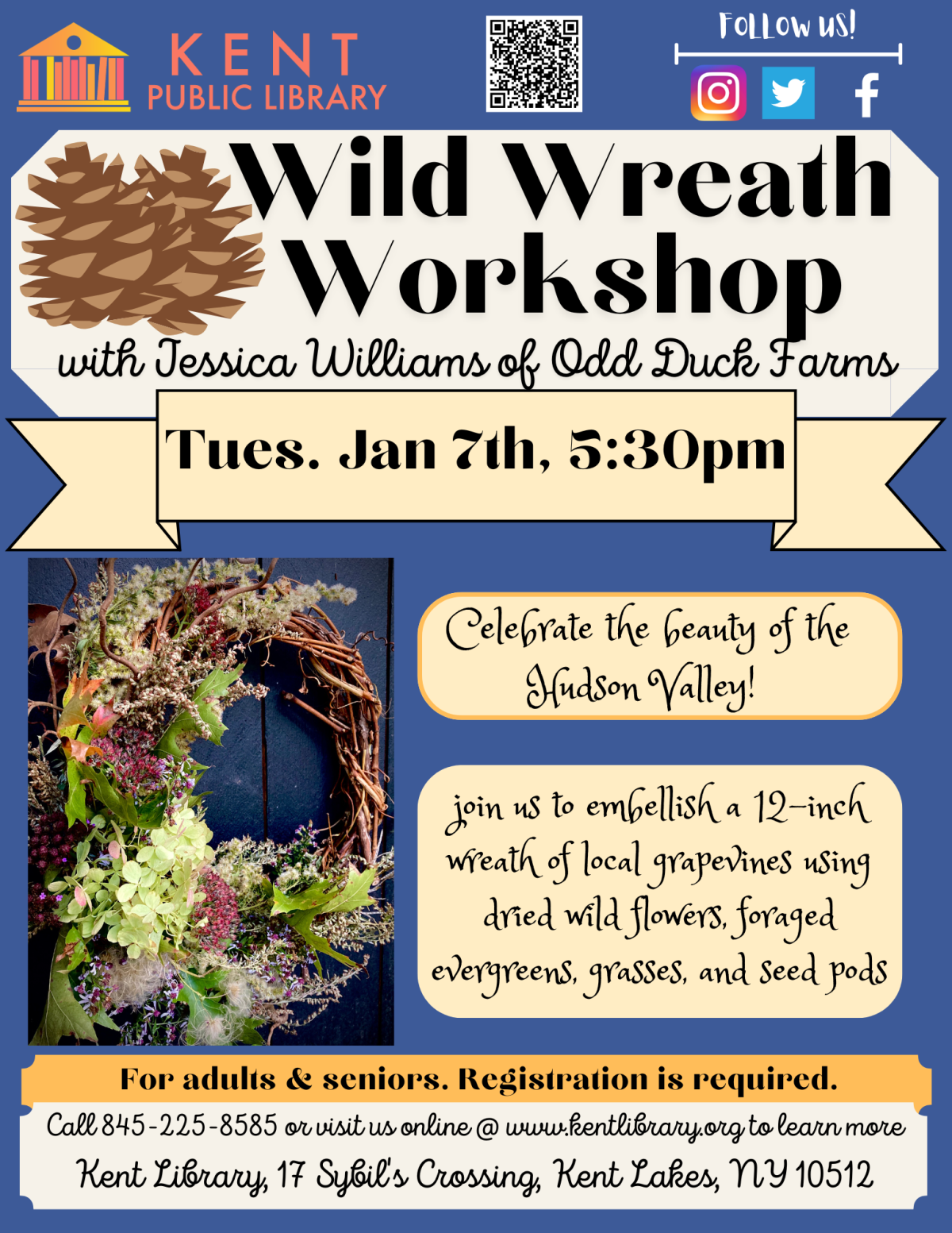 flyer with the event information and a photo of an example grapevine wreath